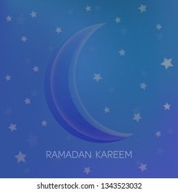 Deep blue square background with crescent moon and stars for Ramadan Kareem. Mysterious purple and aquamarine background for Muslim holiday