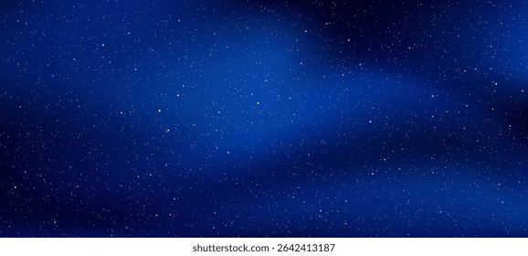 Deep blue starry night sky, full of many small and large bright stars and cosmic dust. Space vector background.