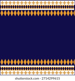 A deep blue textile with elegant gold and cream borders featuring diamond shapes and floral motifs. The symmetrical geometric pattern reflects traditional ethnic weaving and refined handcrafted design