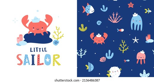 Deep blue underwater pattern for baby apparel. Nautical seamless vector print set for textile and fabric.