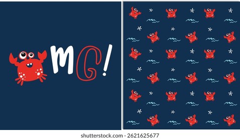 Deep blue underwater pattern for kids apparel. Nautical seamless vector print set for textile and fabric