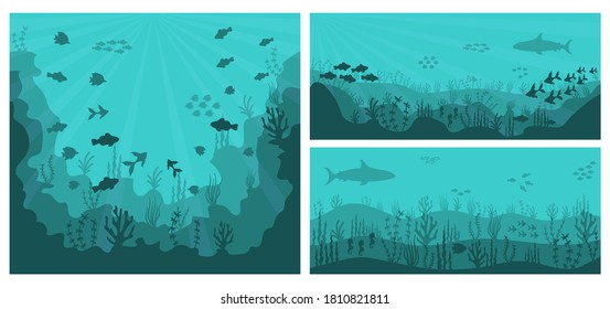 Tiefblaues Wasser, Korallenriff und Unterwasserpflanzen mit Fisch. Meeresunterwasserhintergrund. Silhouette des Korallenriffs mit Fisch und Taucher auf blauem Hintergrund. Vektorgrafik.