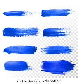 Deep blue watercolor brush strokes set. Abstract shape. Vector oil gouache paint smear on white background