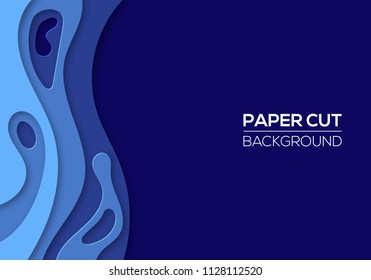 Deep blue wave paper cut background template. Flyer, cover, banner design. Trendy vector abstract shapes for presentations and posters.