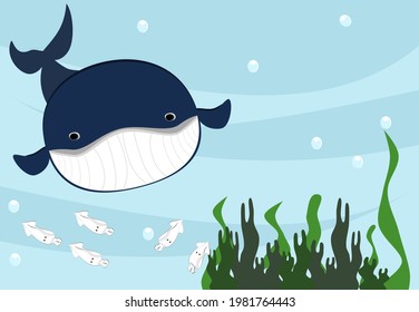 Deep blue whale under the sea squid seaweed sponge sea wave vector illustration