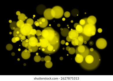 Deep bokeh lights on black background with glowing blurry circles. Futuristic and dreamy vector overlay for digital, abstract, or night-themed designs.