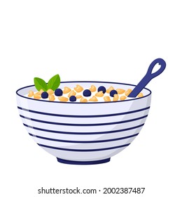 A deep bowl with porridge, oat flakes and blueberries. A healthy breakfast. Food, dairy product. Flat, cartoon style. Color vector illustration isolated on a white background