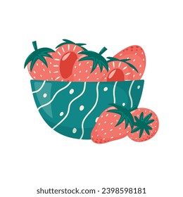 Deep bowl with strawberries. Summer harvest, tasty and healthy berry. Vector illustration in cartoon flat style.
