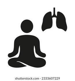 Deep Breath Exercise, Mindfulness Relaxation Silhouette Icon. Person Do Yoga for Wellness Glyph Pictogram. Lotus Pose and Human Lungs Solid Symbol. Isolated Vector Illustration.