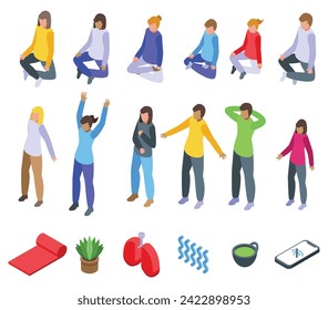 Deep breath icons set isometric vector. Exercise breathing. Meditation body