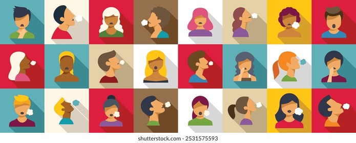 Deep breath icons set. Set of square avatars of men and women smoking cigarettes, in flat design style