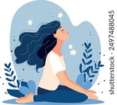 Deep breath and mindfulness concept. Woman calm and relaxed, mental health, self care or meditation. Vector illustration in flat style