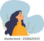 Deep breath and mindfulness concept. Woman calm and relaxed, mental health, self care or meditation. Vector illustration in flat style	