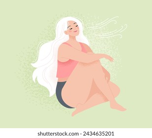 Concepto de respiración profunda y atención plena. Mujer tranquila y relajada, salud mental, autocuidado o meditación. Ilustración vectorial en estilo plano