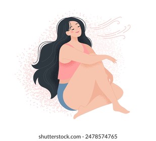 Concepto de respiración profunda y atención plena. Mujer tranquila y relajada, salud mental, autocuidado o meditación. Ilustración vectorial en estilo plano