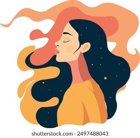 Deep breath and mindfulness concept. Woman calm and relaxed, mental health, self care or meditation. Vector illustration in flat style