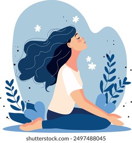 Respiración profunda y concepto de atención plena. Mujer tranquila y relajada, salud mental, cuidados personales o meditación. Ilustración vectorial en estilo plano