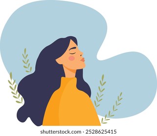 Respiración profunda y concepto de atención plena. Mujer tranquila y relajada, salud mental, cuidados personales o meditación. Ilustración vectorial en estilo plano	