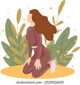 Respiración profunda y concepto de atención plena. Mujer tranquila y relajada, salud mental, cuidados personales o meditación. Ilustración vectorial en estilo plano