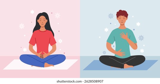 Deep breath and mindfulness. Man and woman sit in lotus position, meditate and take care of mental health. Calm and relaxed characters. Psychological stability. Flat vector illustration collection