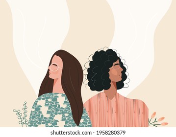 Respiro profundo de mujeres jóvenes muy diversas. Hermosa cara con los ojos cerrados practicando la meditación del aliento del yoga siente calma. Ilustración moderna por belleza femenina y feminidad mental, feminismo