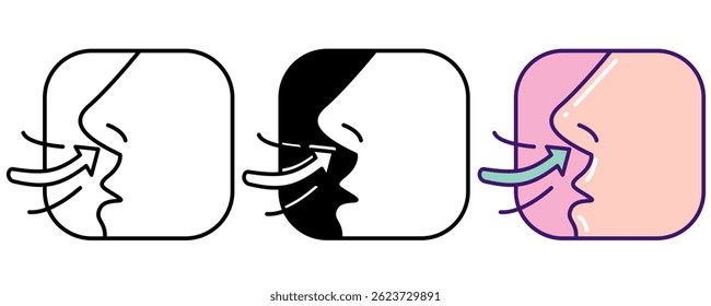 Deep Breathing icon represented by Deep Breathing nose Line, Filled, Color style.