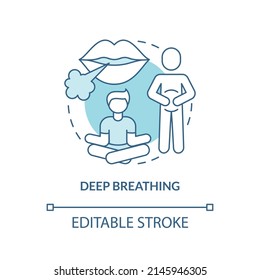 Icono de concepto de la respiración profunda turquesa. Respire para relajarse. Ilustración de línea delgada de la idea abstracta de la estrategia de afrontamiento de PSTD. Dibujo de contorno aislado. Trazo editable. Fuentes Arial, Myriad Pro-Bold utilizadas