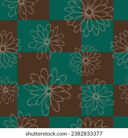 Deep brown and forrest green make a checkered pattern as a background for a light brown flower line art design creating a vector repeat seamless pattern design.
