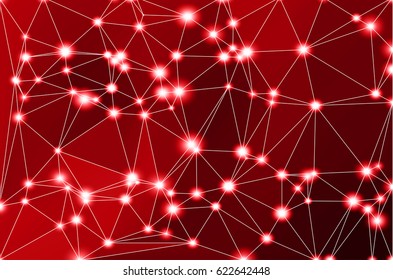 Deep burgundy red abstract low poly geometric background with white triangle mesh and defocused lights.