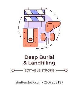 Deep burial and landfilling multi color concept icon. Biodegradable medical waste. Landfill management. Round shape line illustration. Abstract idea. Graphic design. Easy to use in article