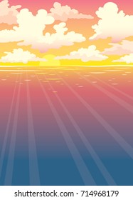 Deep calm sea and sunset sky with cumulus clouds. Vector summer seascape. Nature illustration.
