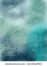 A deep and calming watercolor texture featuring shades of blue, teal, and soft grey with organic ink splatter details.