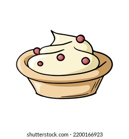 Deep ceramic light brown plate with dessert, delicious sour cream with red berries, vector illustration in cartoon style on a white background