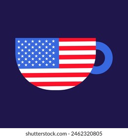 Deep ceramic mug with handle for hot drinks. Festive element, attributes of July 4th USA Independence Day. Flat vector icon in national colors of US flag on dark blue background