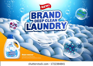 Deep clean laundry detergent ads with tornado removing bacteria out, 3d illustration hygiene product