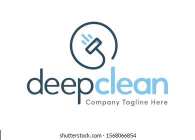 Deep Clean - Premium, Modern & Bold Lowercase Home Cleaning Company Graphic Brand Identity Logo Vector Template with Light Baby Blue and Dark Blue Water Soap Vacuum Cleaner Circular Badge Line Icon