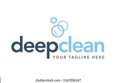 Deep Cleaning - Premium, Modern & Bold Lowercase Home Cleaning Company Graphic Brand Identity Logo Vector Template with Light Baby Blue & Dark Blue Overlapping Water Foam Soap Bubble Line Icons