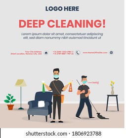 Deep cleaning vector template for cleaning service. Two cleaners infecting room. Cleaners cleaning of a room to kill corona virus. Cleaners working vector illustration. Deep cleaning of room vector 