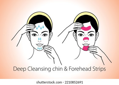 Deep Cleansing nose Strips, Beautiful smiling girl applying black charcoal nose strip looking at mirror at home, illustration.