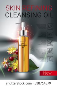 Deep Cleansing Oil ads. Vector Illustration with skin cleansing oil bottle.