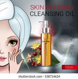 Deep Cleansing Oil ads. Vector Illustration with Manga style girl and skin cleansing oil bottle.