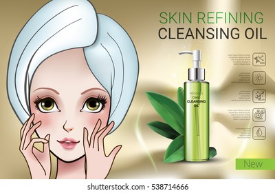 Deep Cleansing Oil ads. Vector Illustration with Manga style girl and skin cleansing oil bottle.
