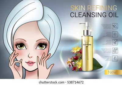 Deep Cleansing Oil Ads. Vector Illustration With Manga Style Girl And Skin Cleansing Oil Bottle.