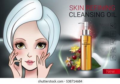 Deep Cleansing Oil ads. Vector Illustration with Manga style girl and skin cleansing oil bottle.