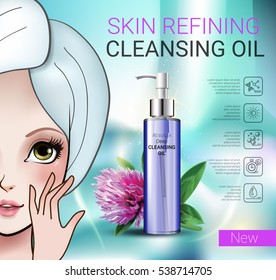 Deep Cleansing Oil ads. Vector Illustration with Manga style girl and skin cleansing oil bottle.