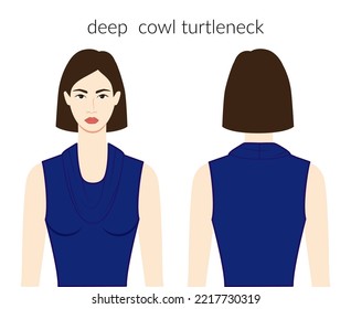 Deep cowl neckline turtlenecks clothes knits, sweaters character beautiful lady in blue top, shirt, dress technical fashion illustration. Flat apparel template front, back sides. Women, men unisex CAD