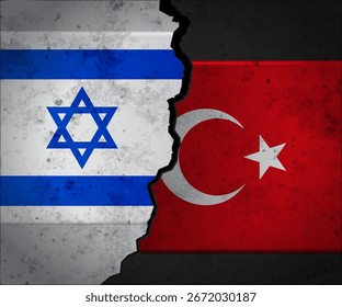Uma fenda profunda entre as bandeiras de Israel e da Turquia em um muro de concreto. Conflito político