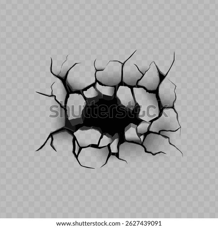 Deep crack with debris and hole in the center on transparent isolated background. Damaged surface. Overlay effect. Earthquake, broken ground, drought or erosion. Vector illustration.