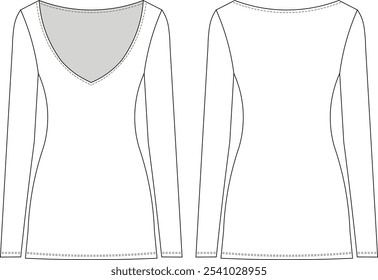 deep curved scoop neck u neck long sleeve mini short body con elastic fit dress template technical drawing flat sketch cad mockup fashion woman design style model 