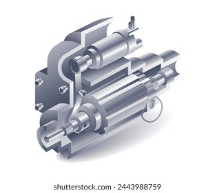 Deep cut of engine dynamo flat isometric 3d illustration